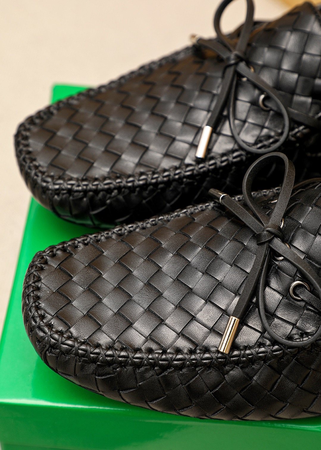Bottega Veneta Black Woven Lace-Up Loafers — detail