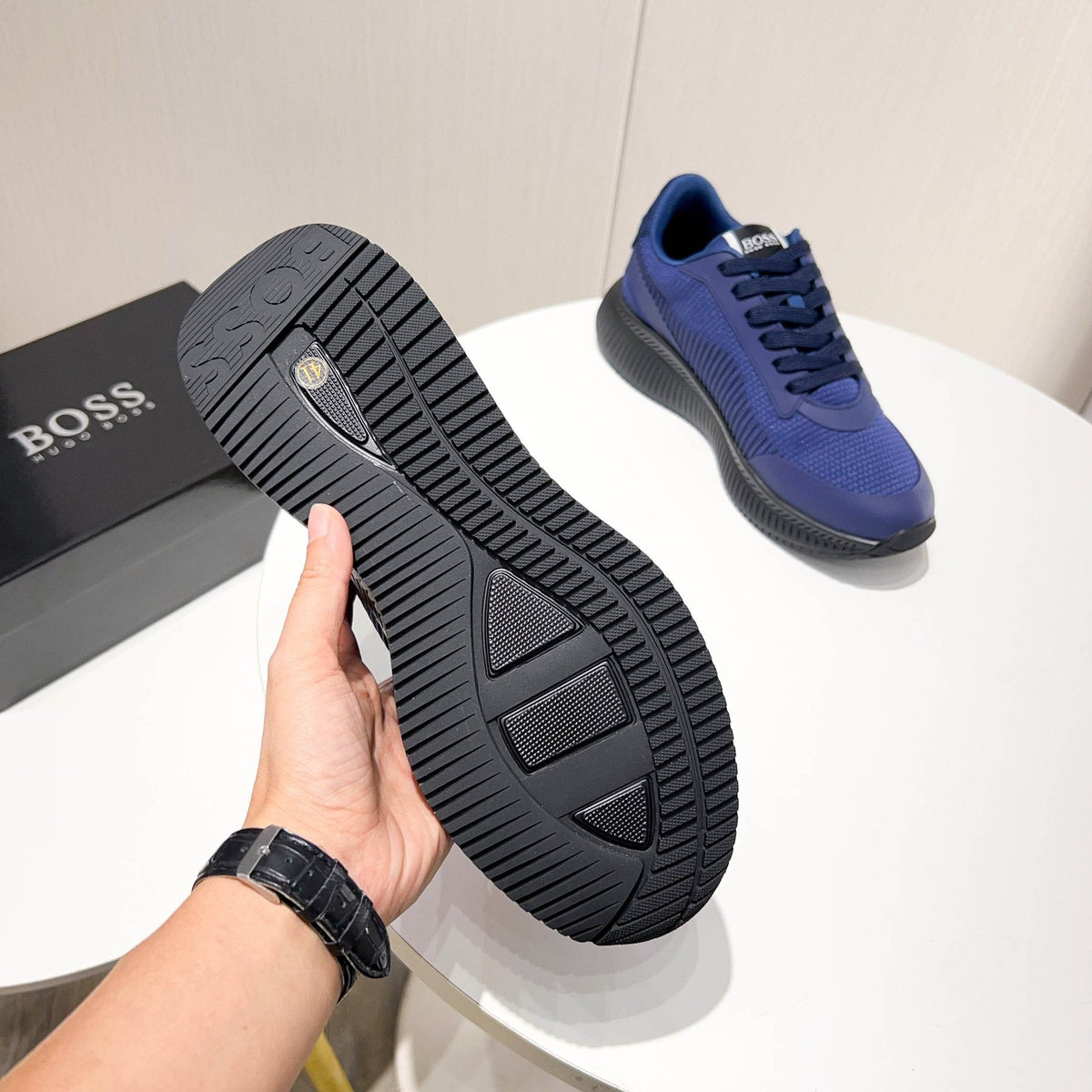 BOSS Navy Blue Knit Running Shoes — back