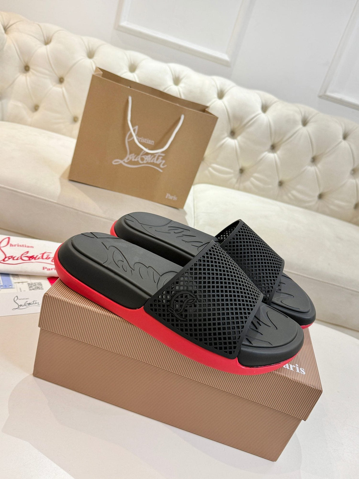 Christian Louboutin Black Red Sole Slide Sandals — hero