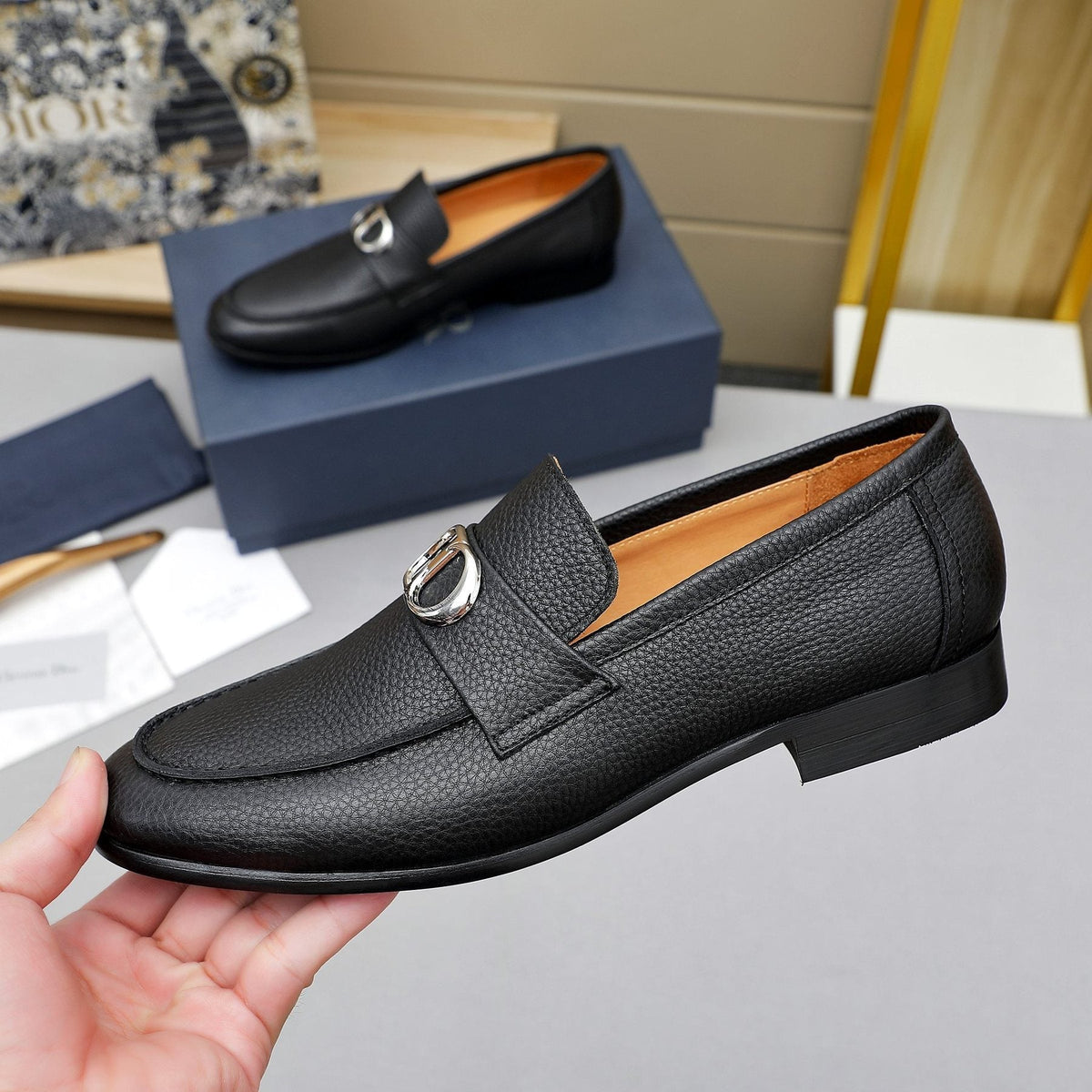 Dior Black Pebbled Leather Loafers — back