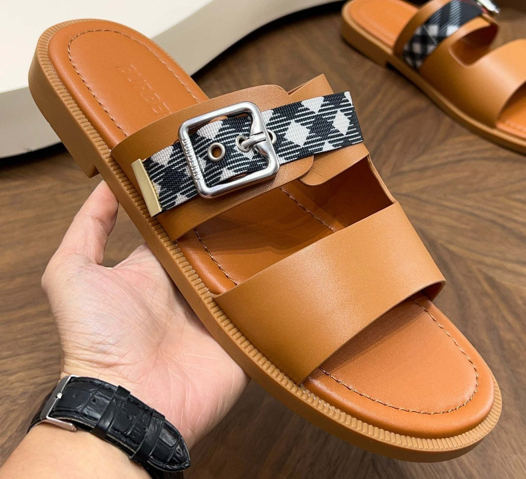 Burberry Plaid Buckle Slide Sandals — front